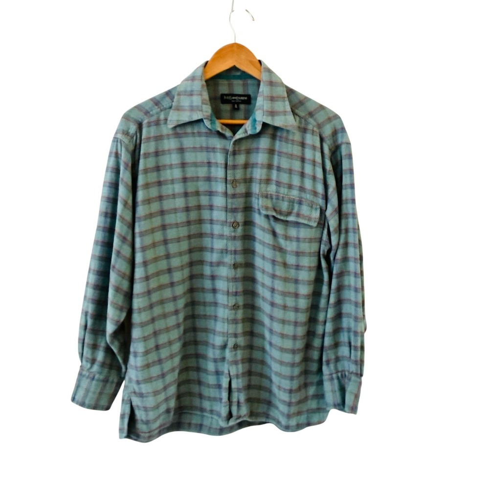 Yves Saint Laurent Pour Homme Flannel Button Up Shirt M Teal Plaid 90s Grunge